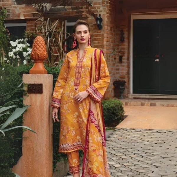 women wear Nishat Lawn 3 Piece Suit | Colour- Yellowish Orange