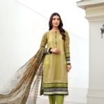 women wear Farasha Lawn 3 Piece Suit | Colour-Brass