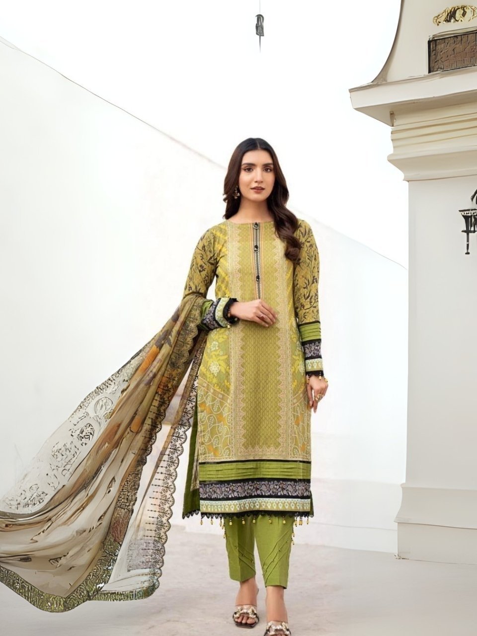 women wear Farasha Lawn 3 Piece Suit | Colour-Brass
