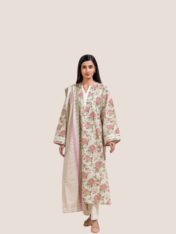 Women wear Beechtree Lawn 3 Piece Suit | Colour-Vanilla