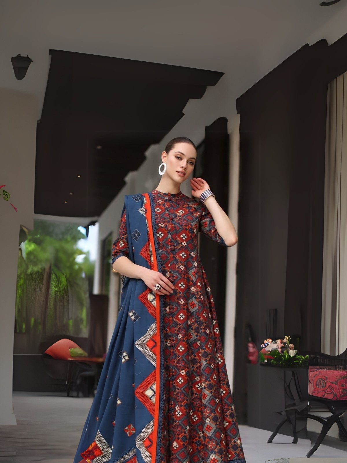 women wear Bareeze Lawn 3 Piece Suit | Colour-Dark Blue Grey Suit