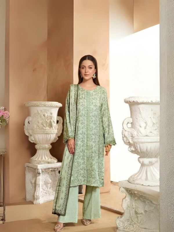 women wear Bint e Naz Lawn 3 Piece Suit | Colour-Green Mist Suit