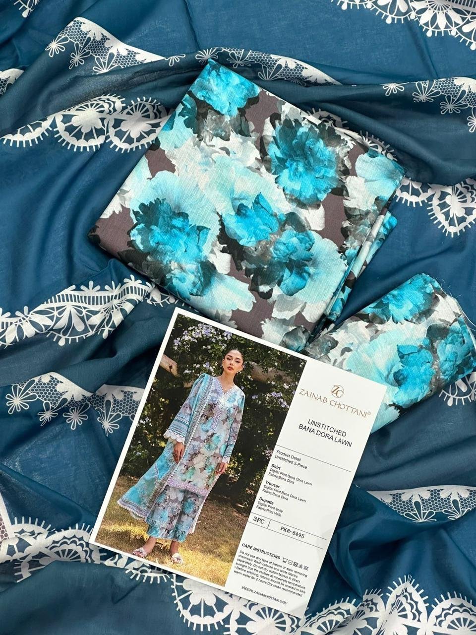 Zainab Chottani Lawn Unstitched 3 Piece Suit | Colour- Light Navy Blue