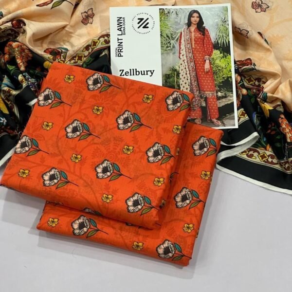 Zellbury Lawn Unstitched 3 Piece Suit | Colour- Reddish Orange