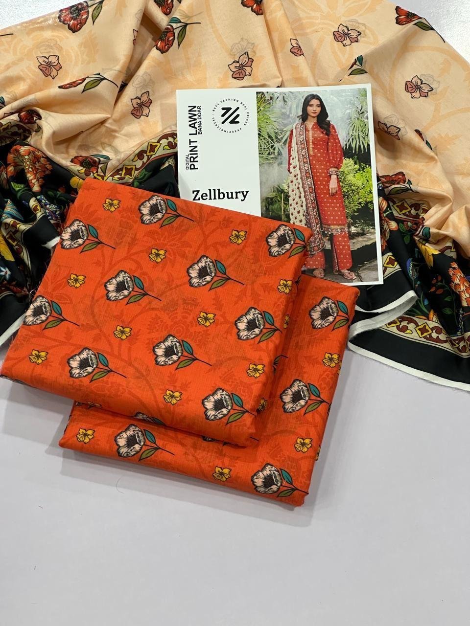 Zellbury Lawn Unstitched 3 Piece Suit | Colour- Reddish Orange