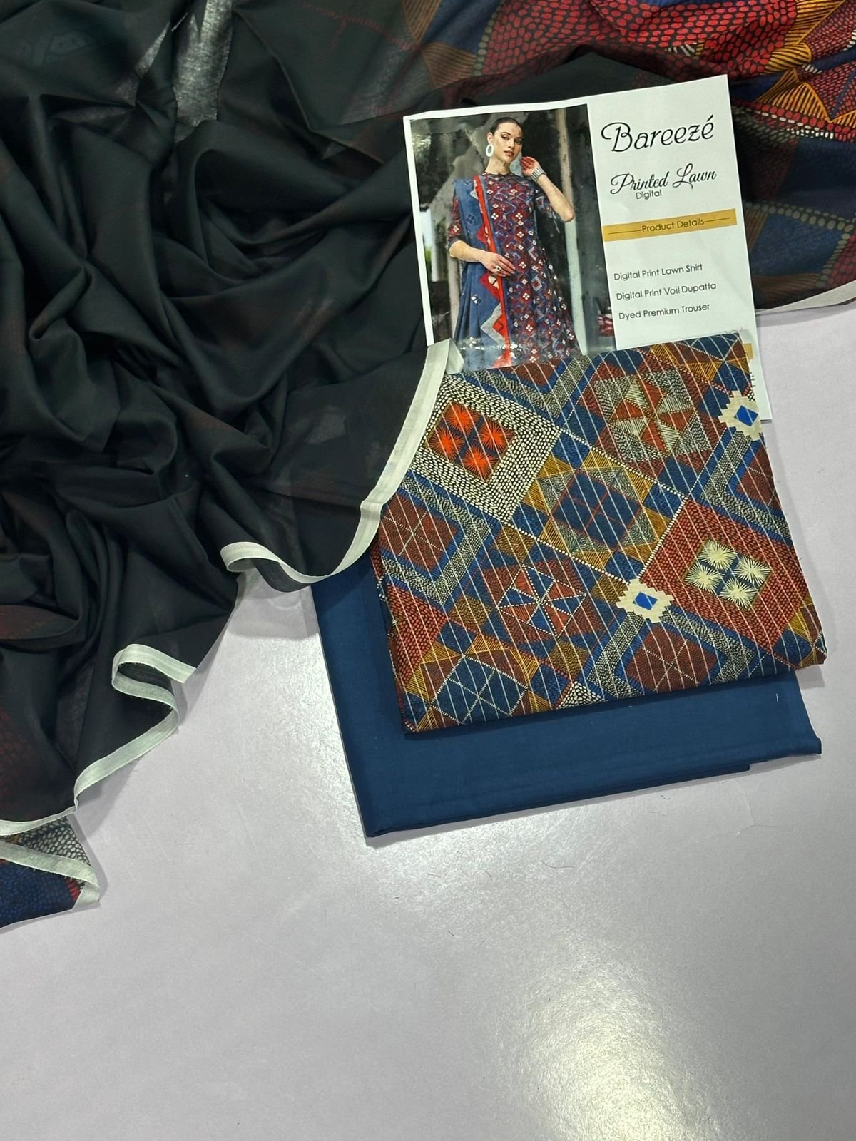 Bareeze Lawn Unstitched 3 Piece Suit | Colour-Dark Blue Grey Suit