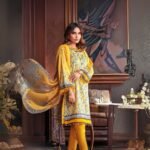 Women wear Khaadi Lawn 3 Piece Suit | Colour-Dark Gold