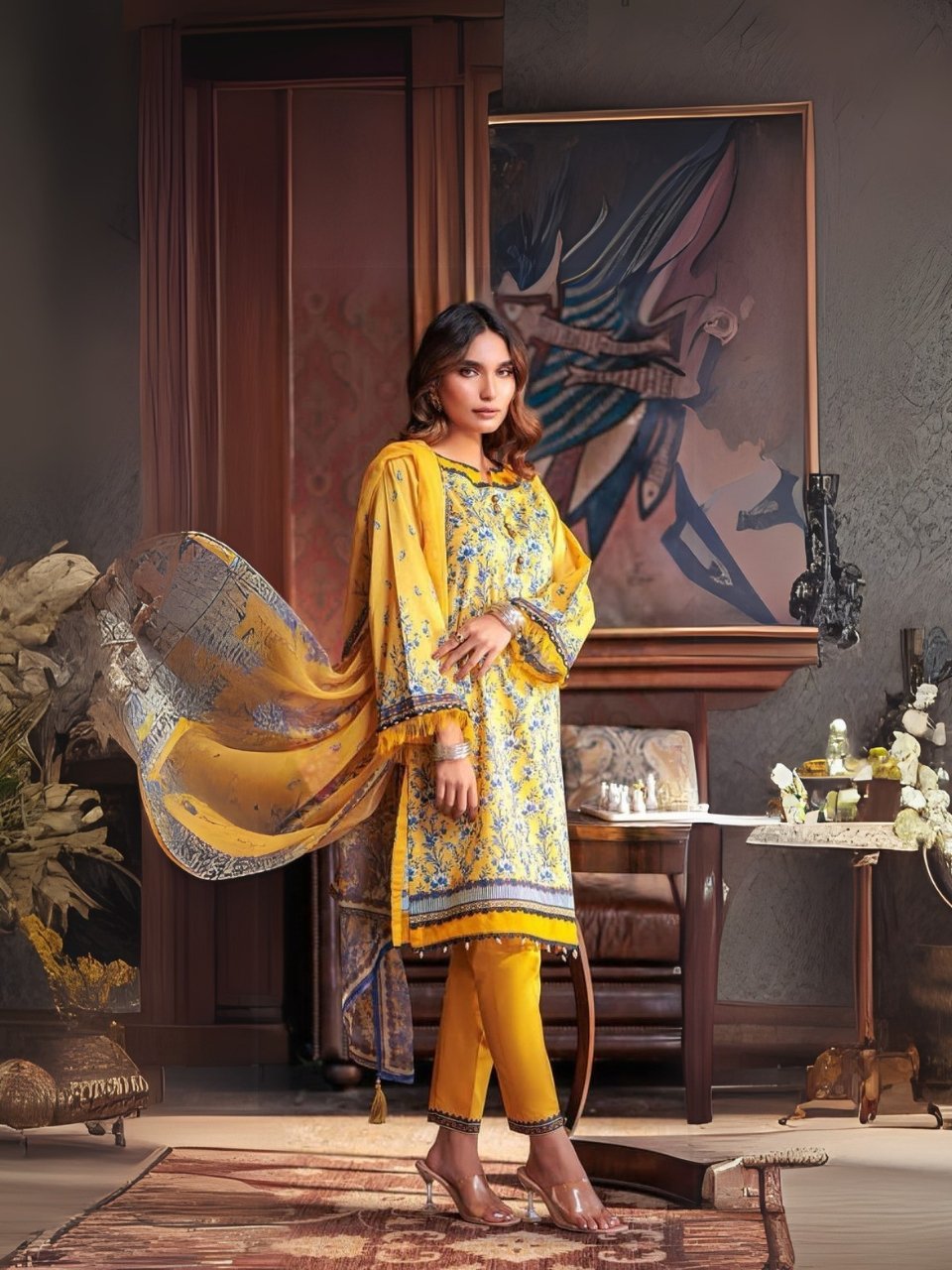Women wear Khaadi Lawn 3 Piece Suit | Colour-Dark Gold Women wear Khaadi Lawn 3 Piece Suit | Colour-Dark Gold