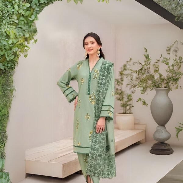 Women wear Khaadi Lawn 3 Piece Suit | Colour-Greenish Tan