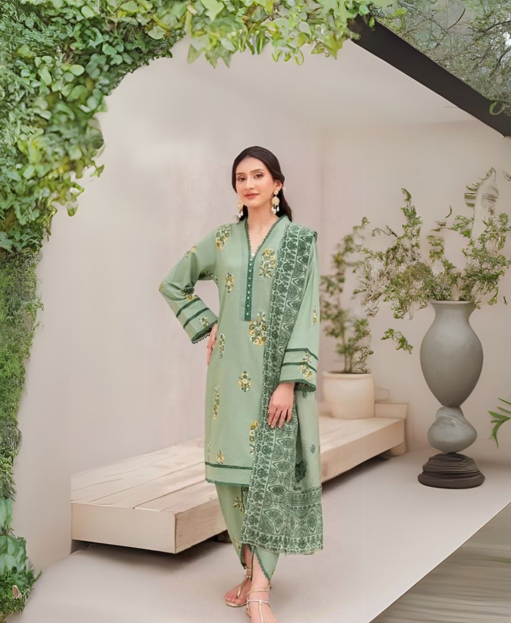 Women wear Khaadi Lawn 3 Piece Suit | Colour-Greenish Tan