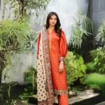 women wear Zellbury Lawn 3 Piece Suit | Colour- Reddish Orange