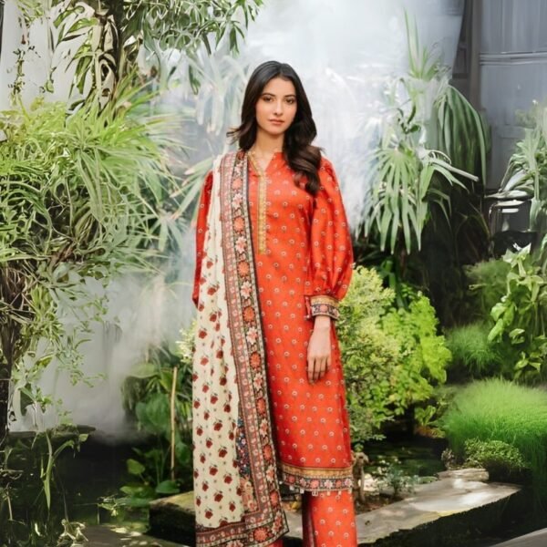 women wear Zellbury Lawn 3 Piece Suit | Colour- Reddish Orange