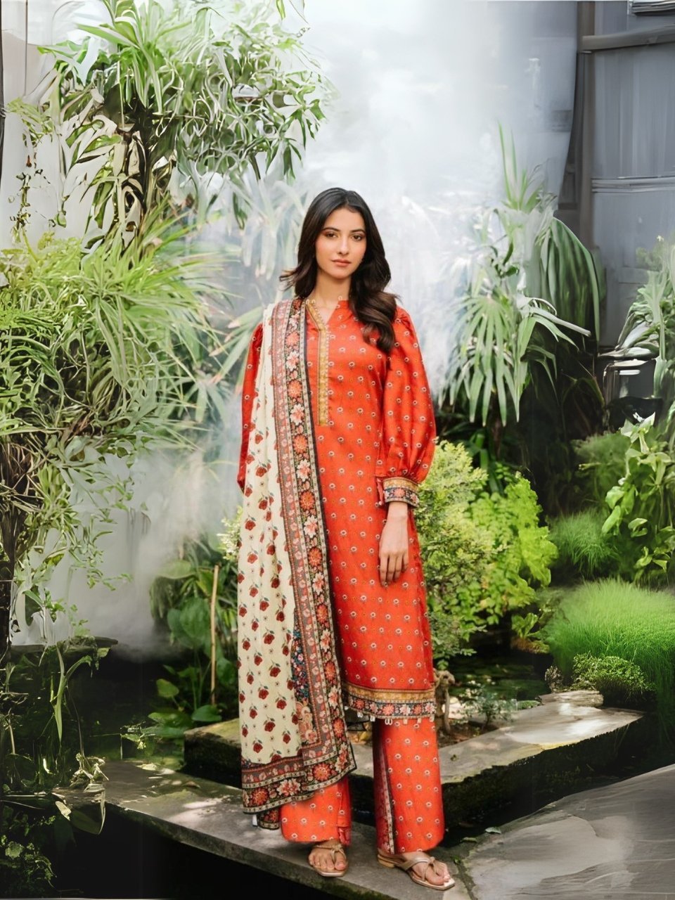 women wear Zellbury Lawn 3 Piece Suit | Colour- Reddish Orange
