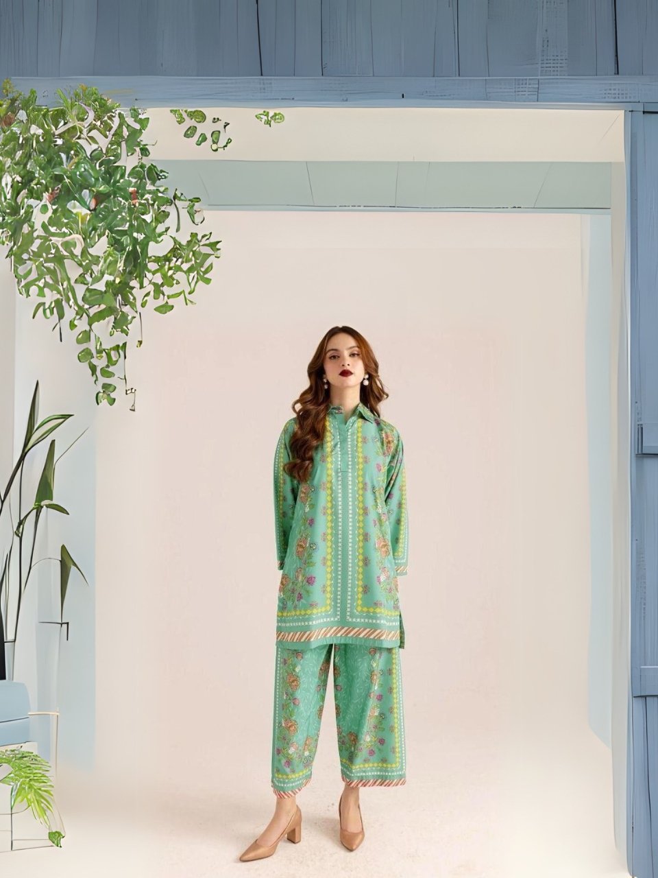 women wear Bint e Naz Lawn 2 Piece Suit | Colour- Blue Hosta women wear Bint e Naz Lawn 2 Piece Suit | Colour- Blue Hosta