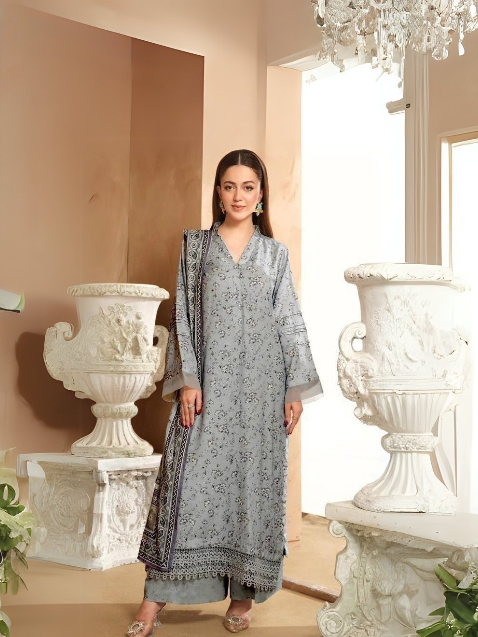 women wear Bint e Naz Lawn 3 Piece Suit | Colour-Grey Suit