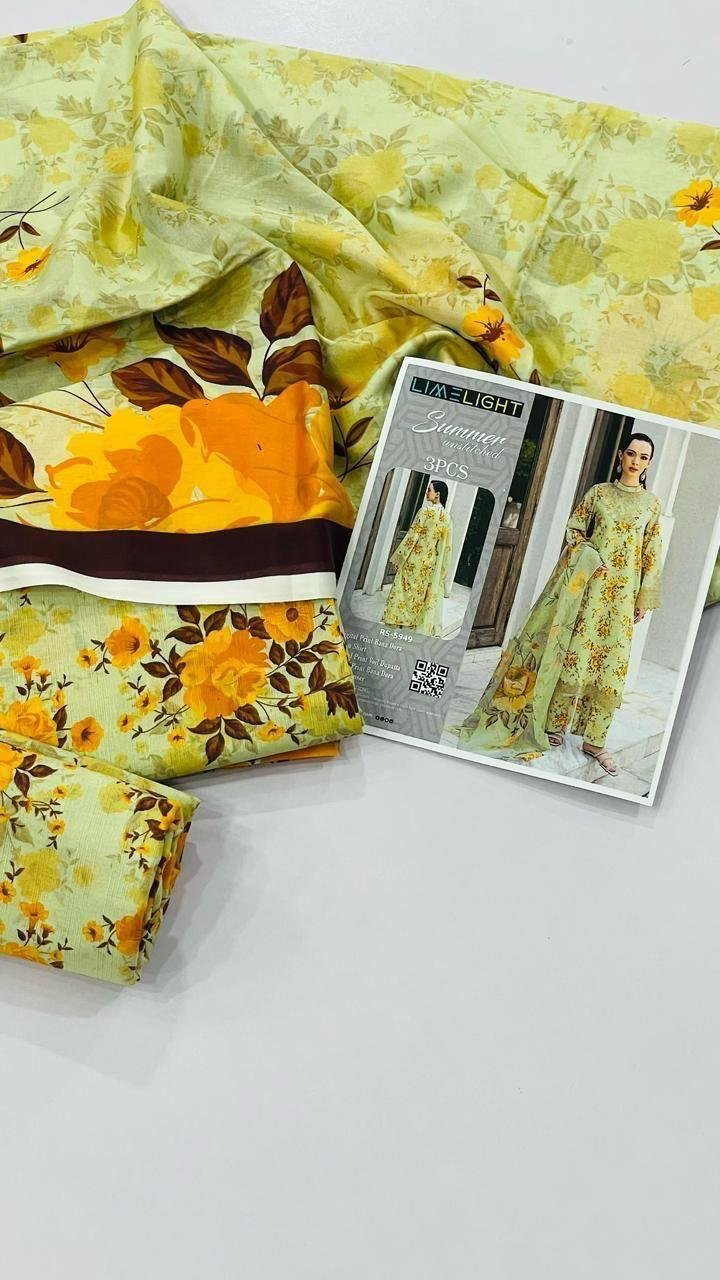 Limelight Summer Unstitched Lawn 3 Piece Suit | Colour- Greenish yellow