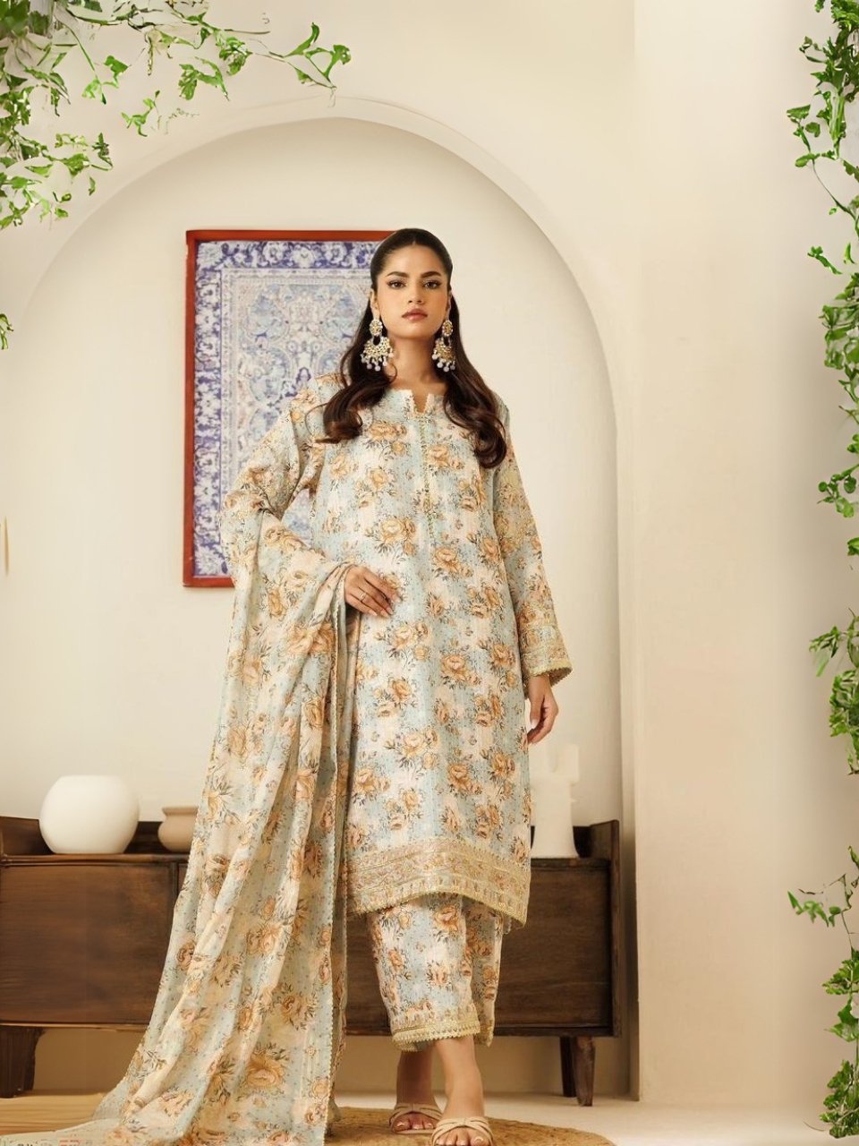 women wear Nishat Lawn 3 Piece Suit | Colour- Greenish Grey