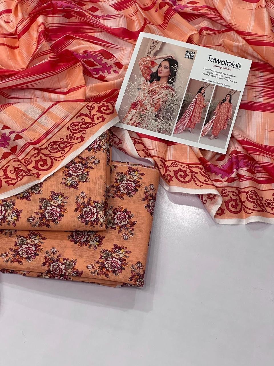 Tawakkal Lawn Unstitched 3 Piece Suit | Colour- Brownish Pink