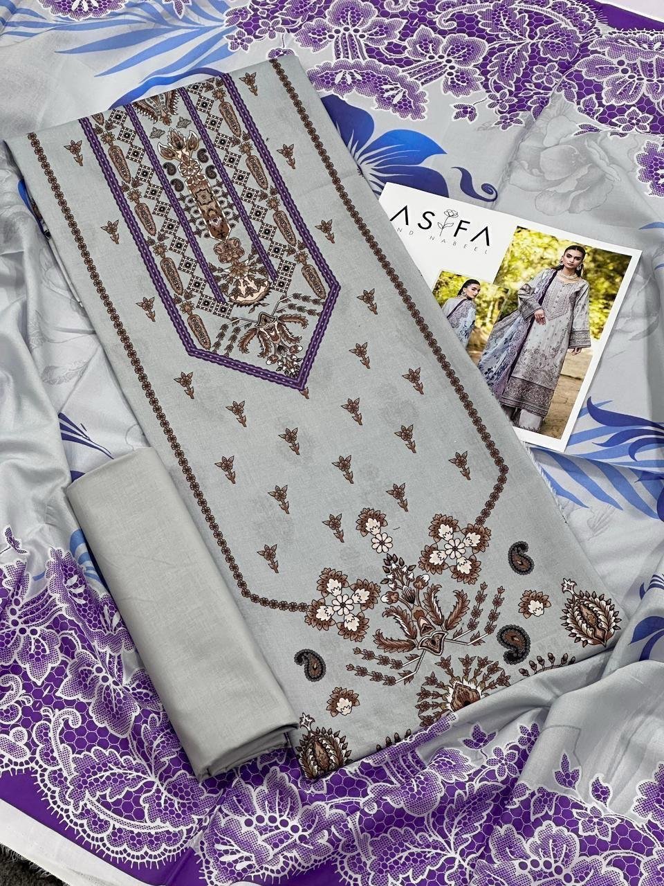 Asifa and Nabeel Lawn Unstitched 3 Piece Suit | Colour-Grey cloud Suit Asifa and Nabeel Lawn Unstitched 3 Piece Suit | Colour-Grey cloud Suit