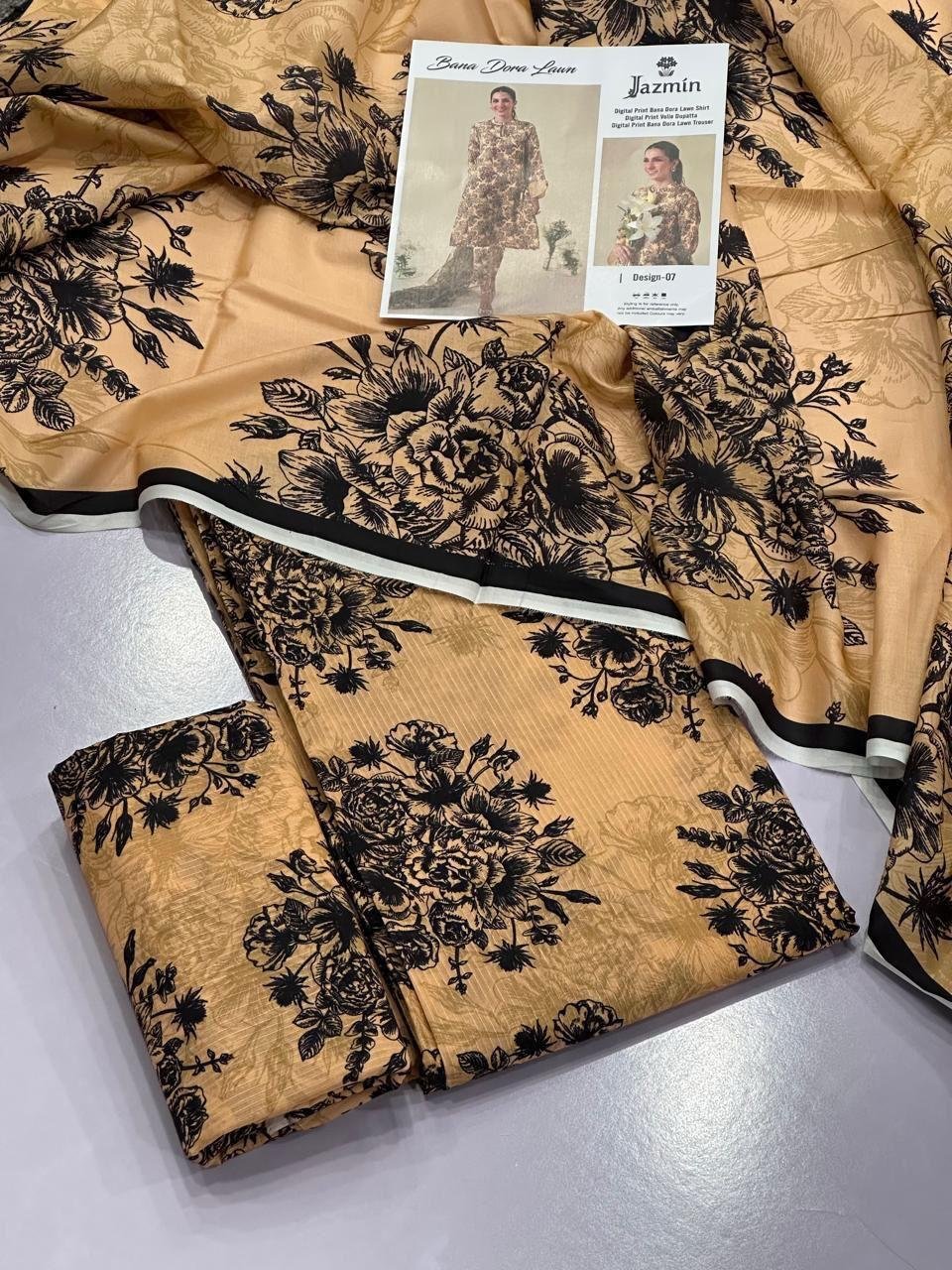 Jazmin Lawn Unstitched 3 Piece Suit | Colour-Light Brown