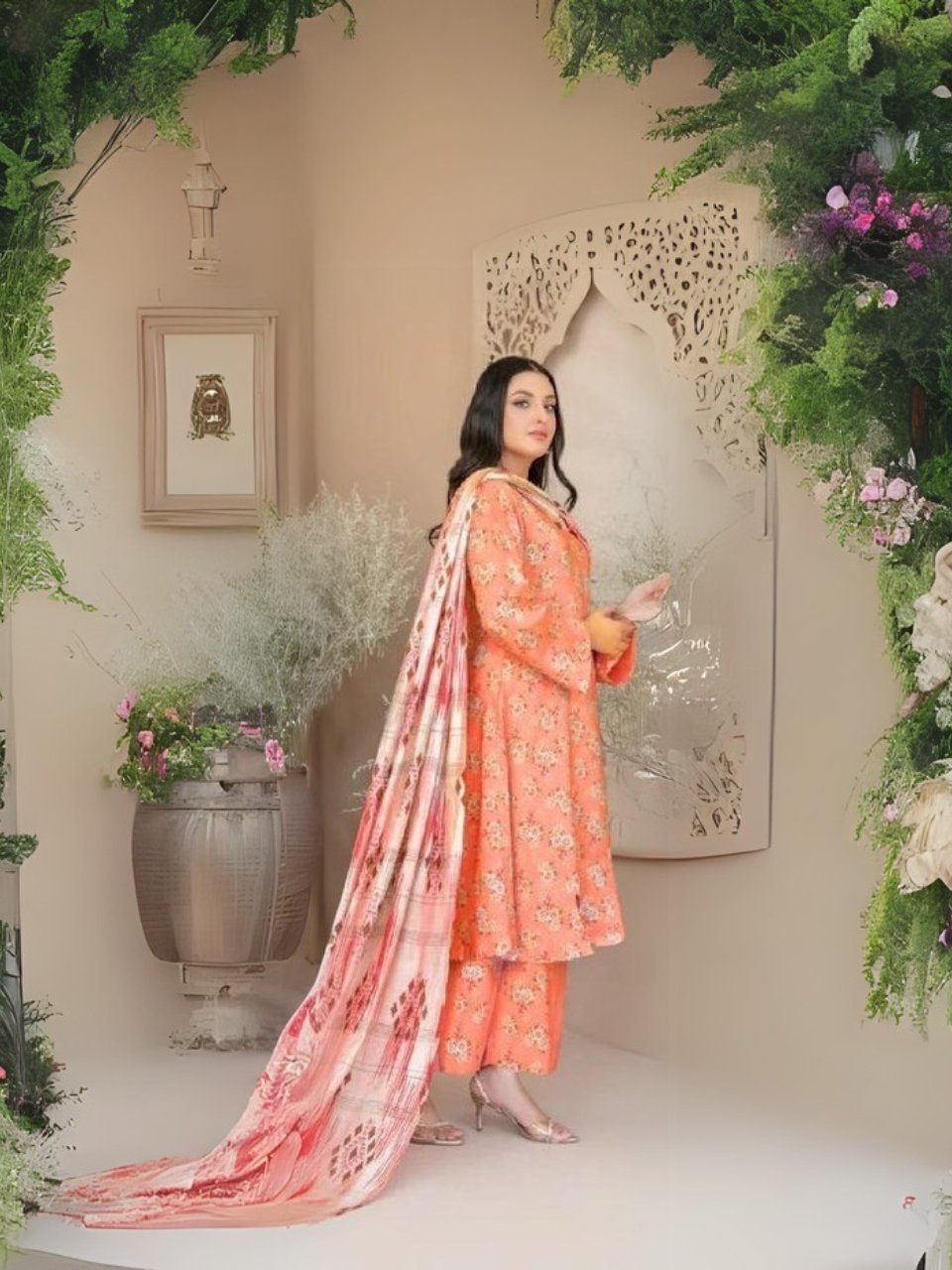 women wear Tawakkal Lawn 3 Piece Suit | Colour- Brownish Pink