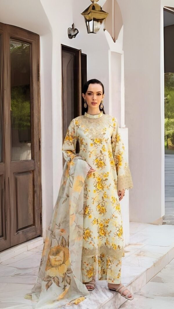 women wear Limelight Summer Lawn 3 Piece Suit | Colour- Greenish yellow