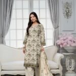 women wear Gul Ahmed Lawn 3 Piece Suit | Colour-Grey Nickel