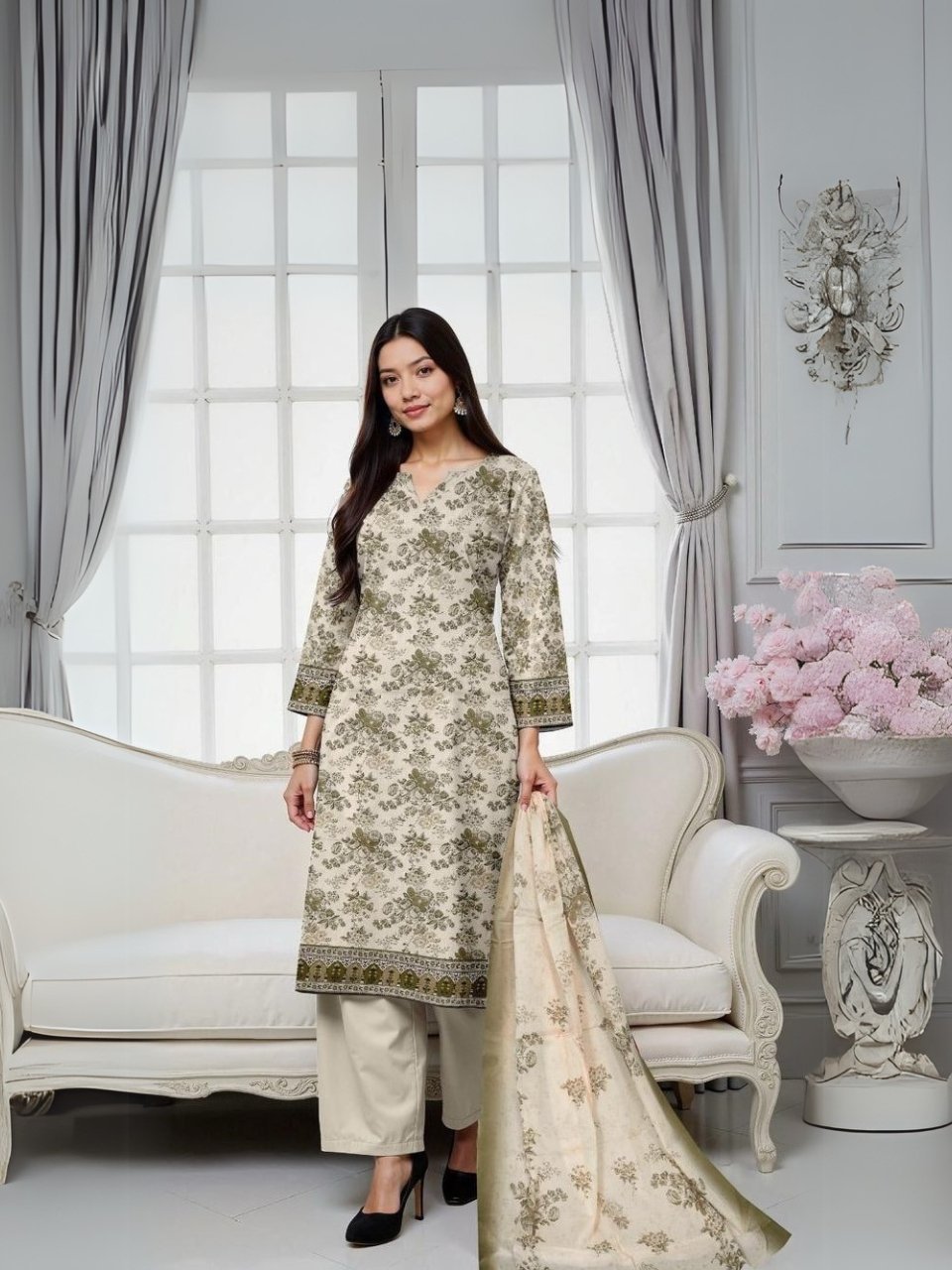 women wear Gul Ahmed Lawn 3 Piece Suit | Colour-Grey Nickel