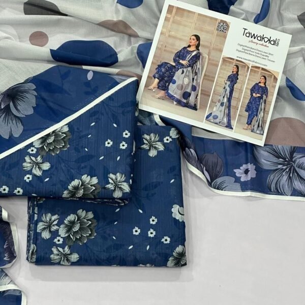 Tawakkal Lawn Unstitched 3 Piece Suit | Colour- Dark Grey Blue
