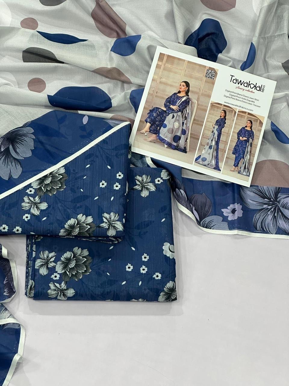 Tawakkal Lawn Unstitched 3 Piece Suit | Colour- Dark Grey Blue