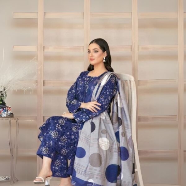 women wear Tawakkal Lawn 3 Piece Suit | Colour- Dark Grey Blue