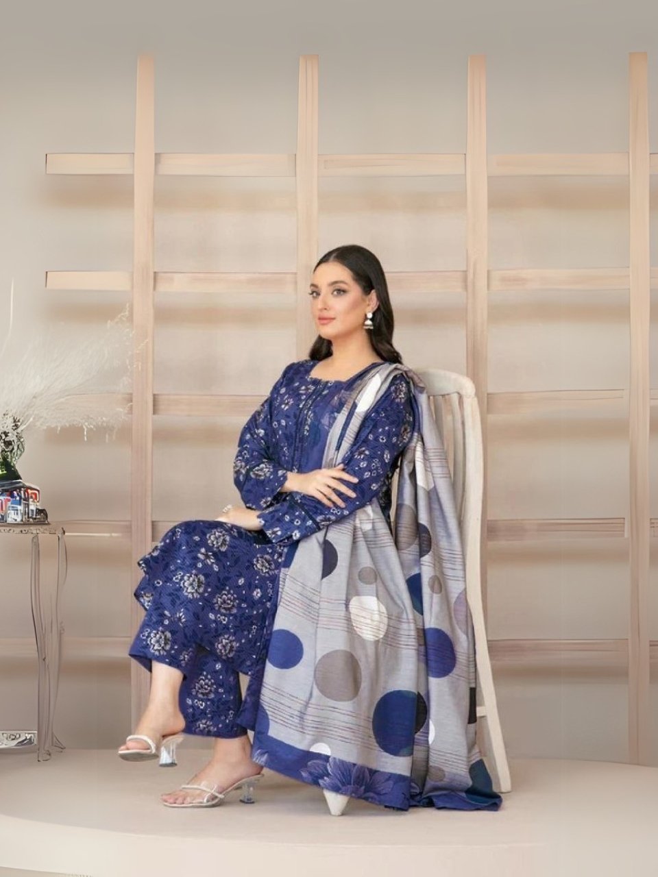women wear Tawakkal Lawn 3 Piece Suit | Colour- Dark Grey Blue