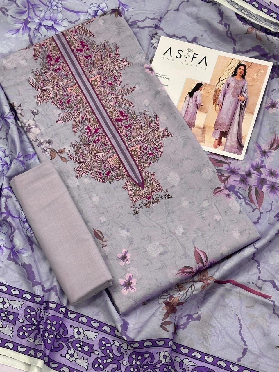 Asifa and Nabeel Lawn Unstitched 3 Piece Suit | Colour-Hit Grey Suit