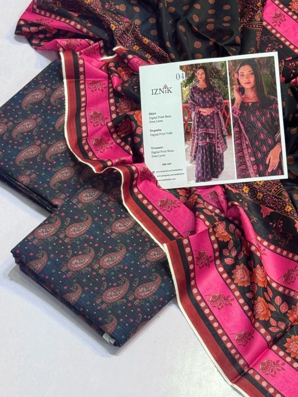 Iznik Lawn Unstitched 3 Piece Suit | Colour-Dark Gray Blue