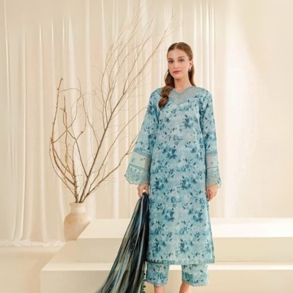 women wear Nishat Lawn 3 Piece Suit | Colour- Ball Blue