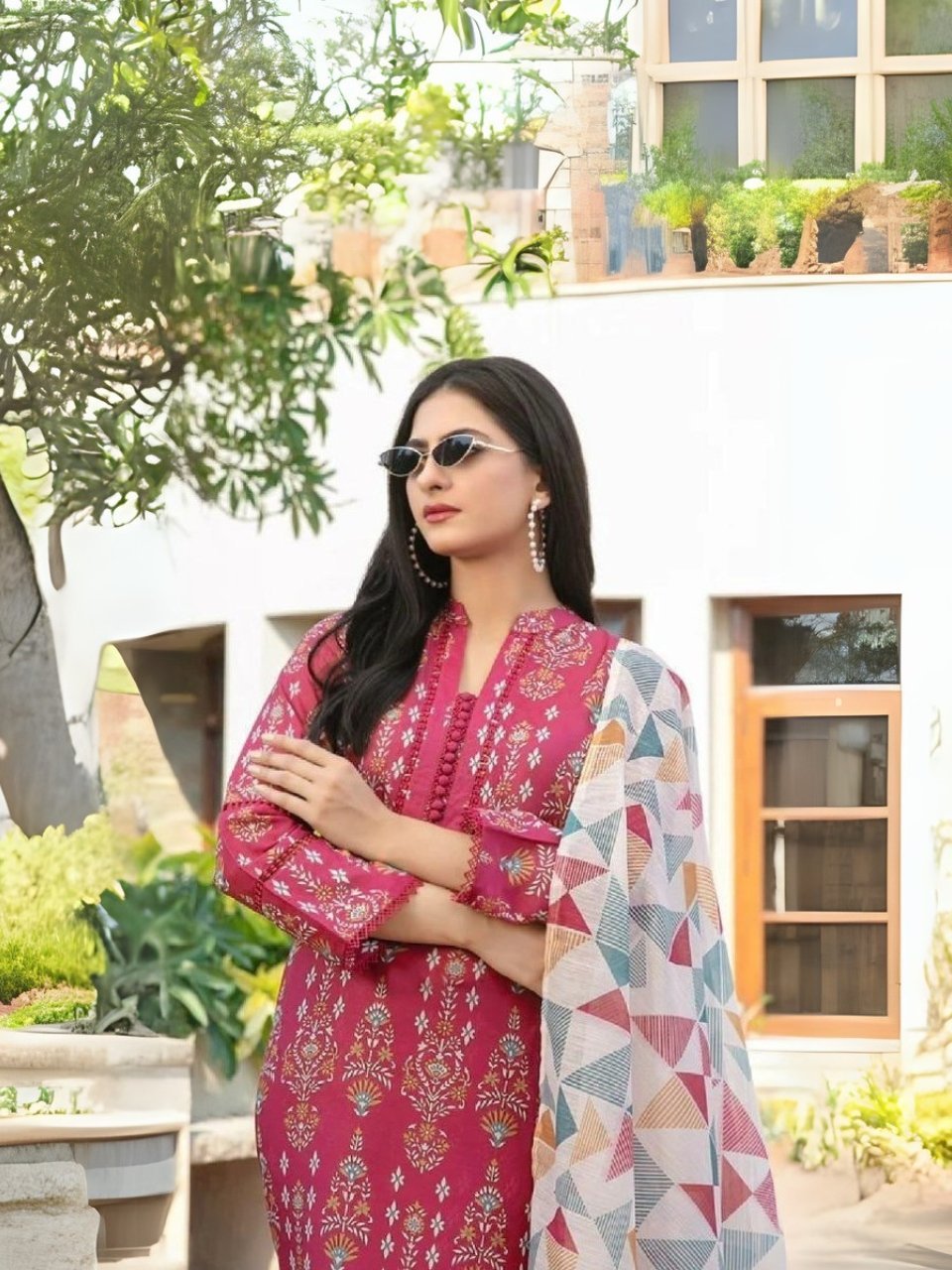 women wear Tawakkal Lawn 3 Piece Suit | Colour- Red Purple