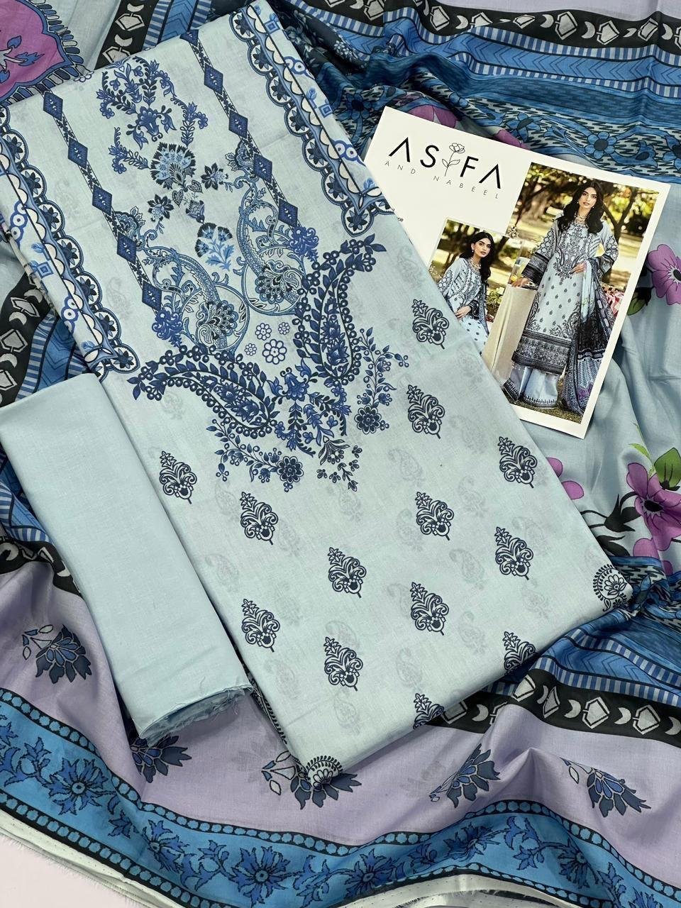 Asifa and Nabeel Lawn Unstitched 3 Piece Suit | Colour-Silver Sand Suit