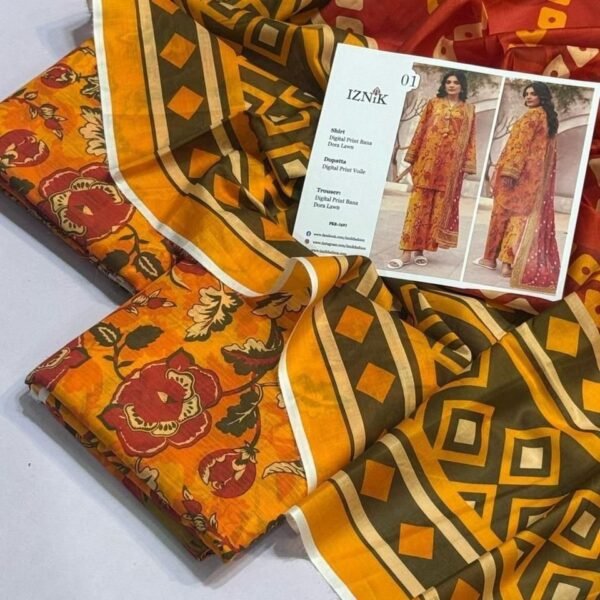 Iznik Lawn Unstitched 3 Piece Suit | Colour-Dark Orange