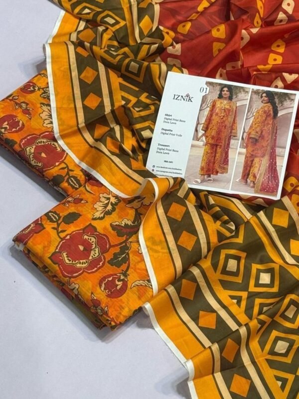 Iznik Lawn Unstitched 3 Piece Suit | Colour-Dark Orange