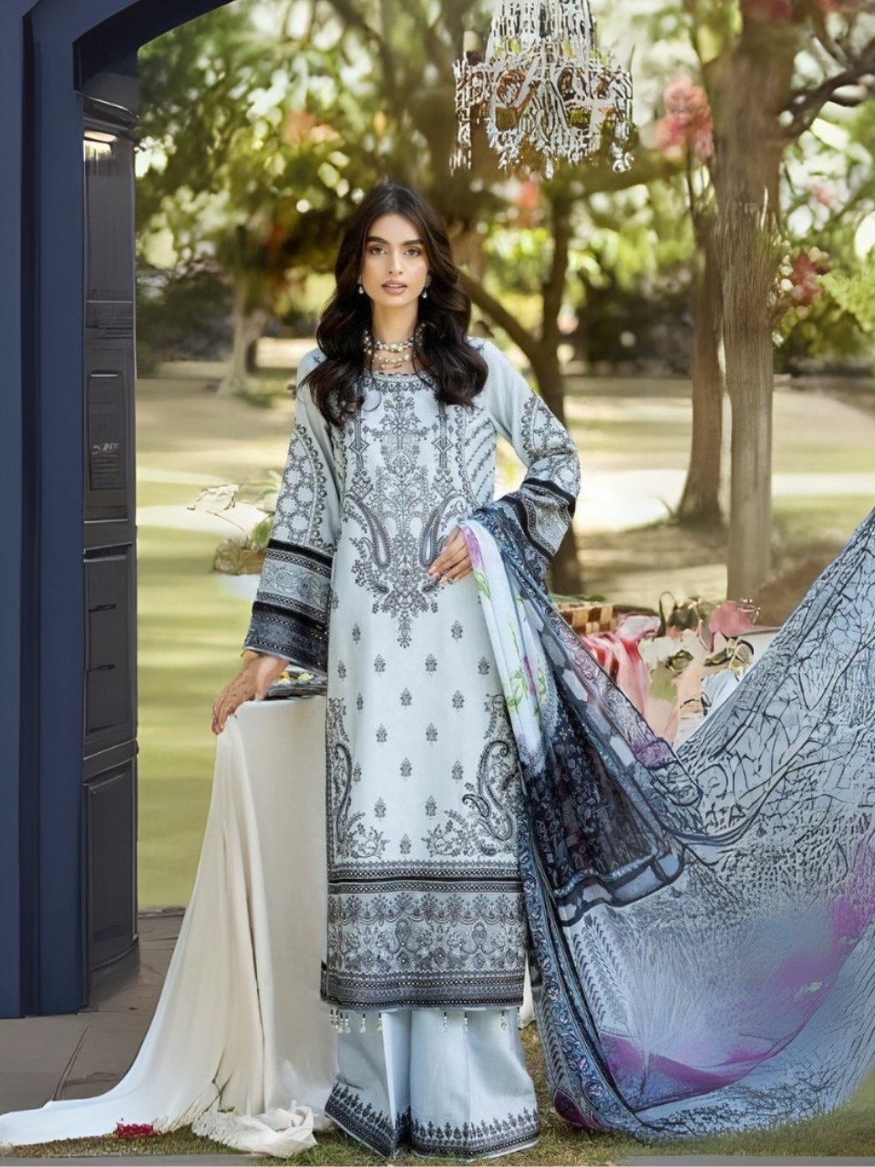 women wear Asifa and Nabeel Lawn 3 Piece Suit | Colour-Silver Sand Suit