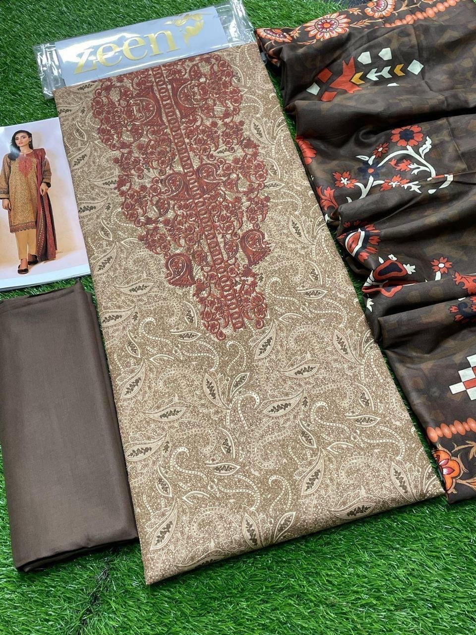 Zeen Lawn Unstitched 3 Piece Suit | Colour-Pastel Grey