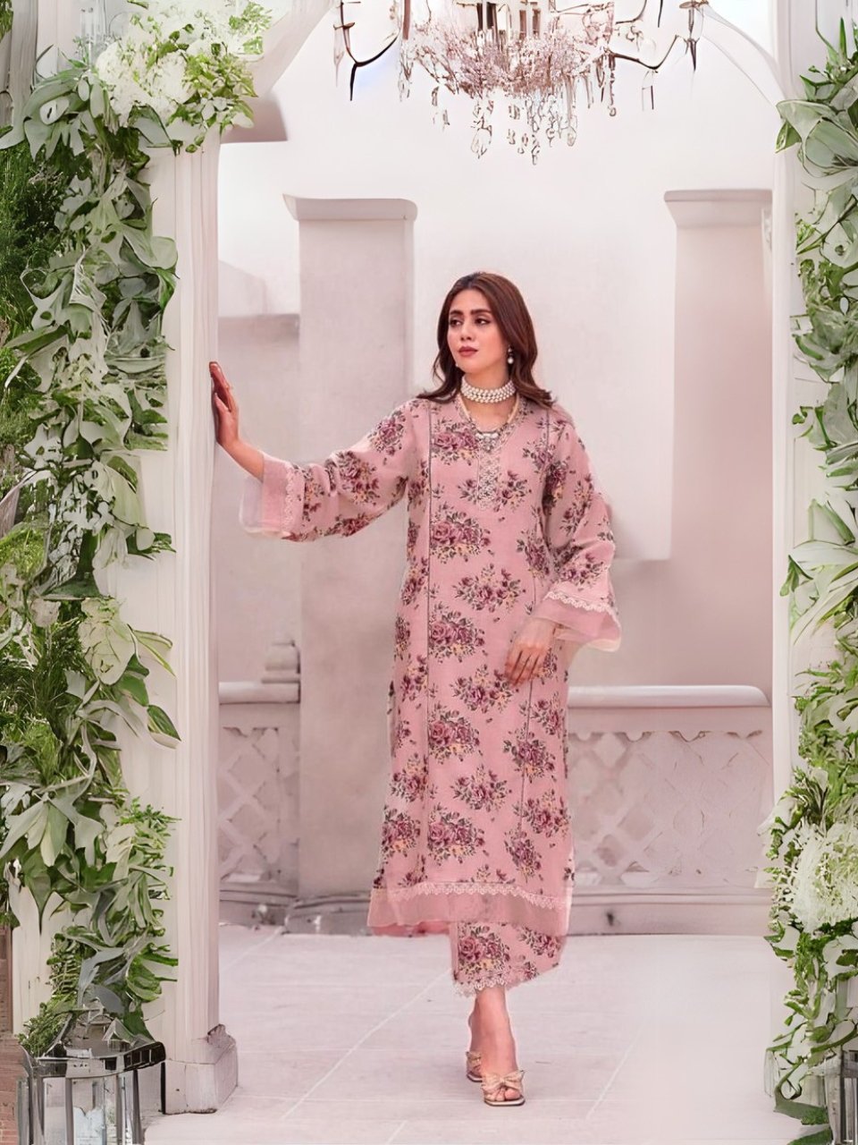 women wear Khaadi Lawn 3 Piece Suit | Colour-Pinkish Grey