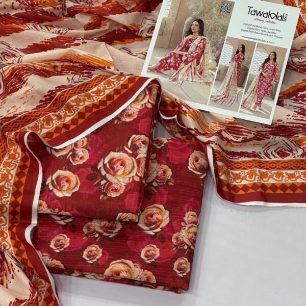 women wear Tawakkal Lawn 3 Piece Suit | Colour-Red