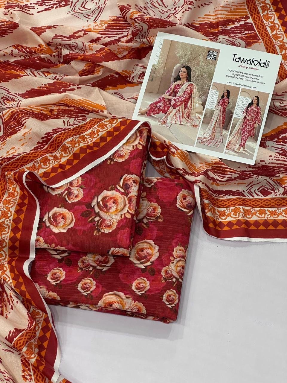 women wear Tawakkal Lawn 3 Piece Suit | Colour-Red