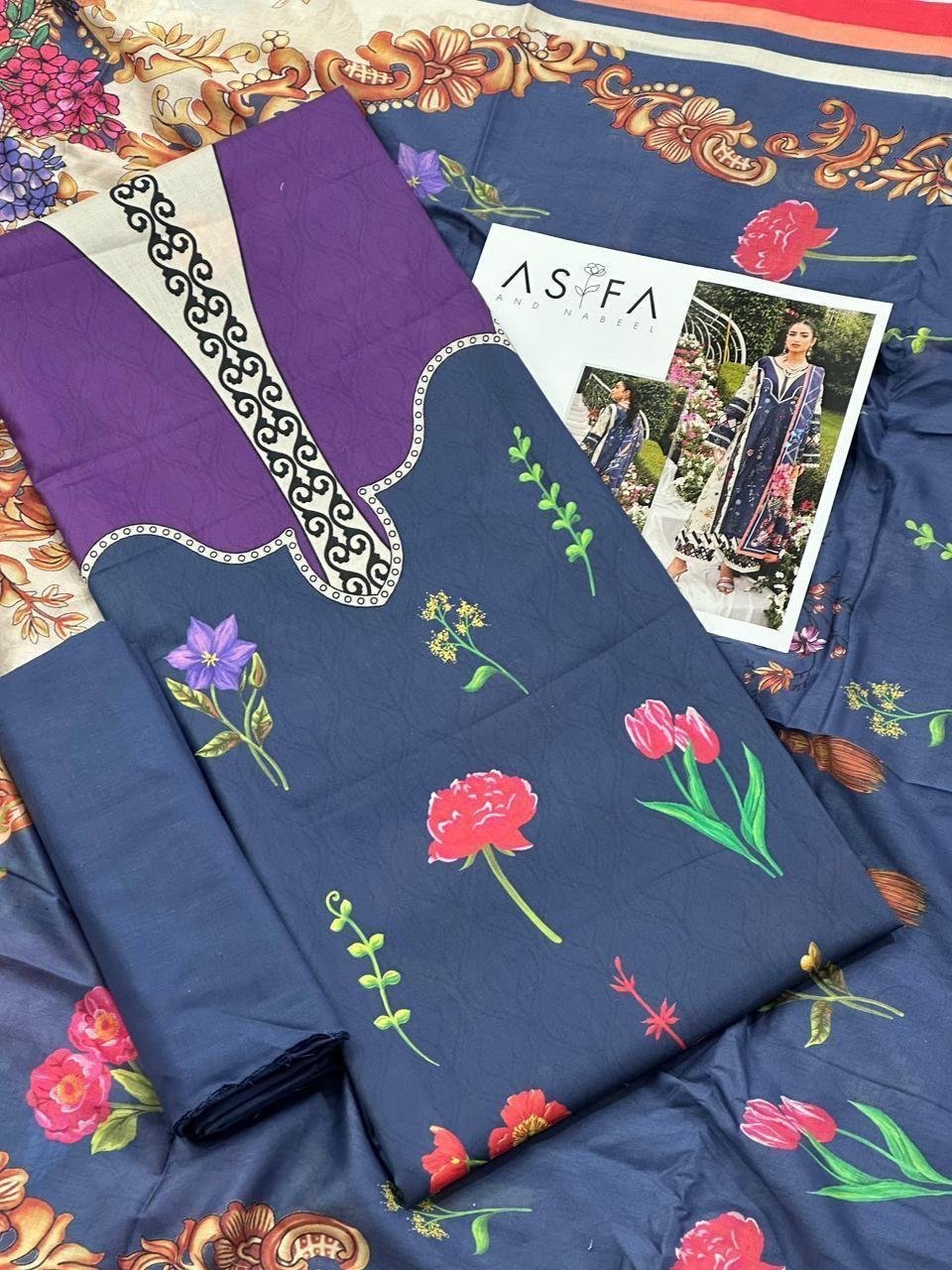 Asifa and Nabeel Lawn Unstitched 3 Piece Suit | Colour-Blue Jay Suit