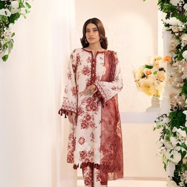 women wear Khaadi Lawn 3 Piece Suit | Colour- Brownish Pink