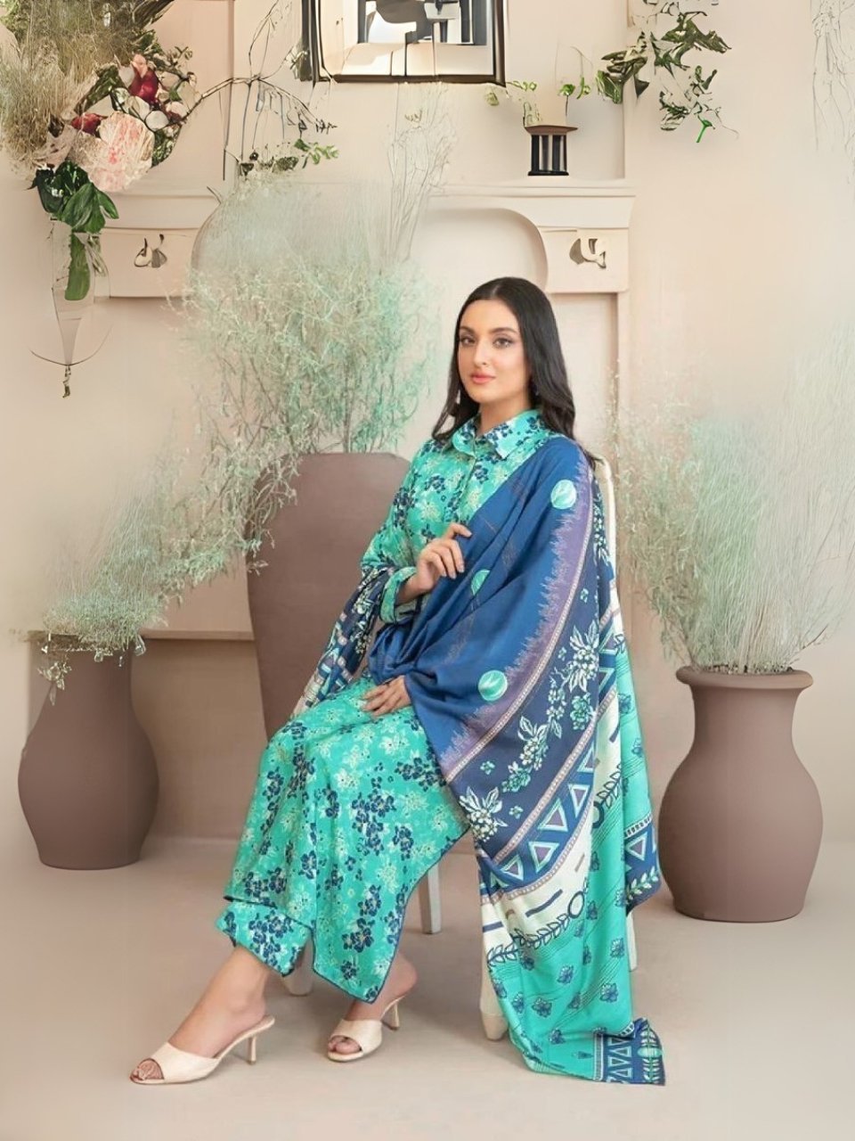 women wear Tawakkal Lawn 3 Piece Suit | Colour-Greeny Blue