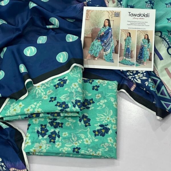 Tawakkal Lawn Unstitched 3 Piece Suit | Colour-Greeny Blue