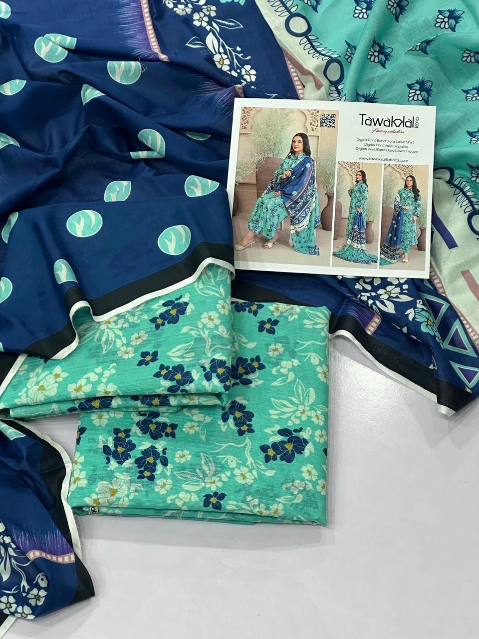 Tawakkal Lawn Unstitched 3 Piece Suit | Colour-Greeny Blue