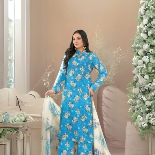women wear Tawakkal Lawn 3 Piece Suit | Colour- Eastern Blue
